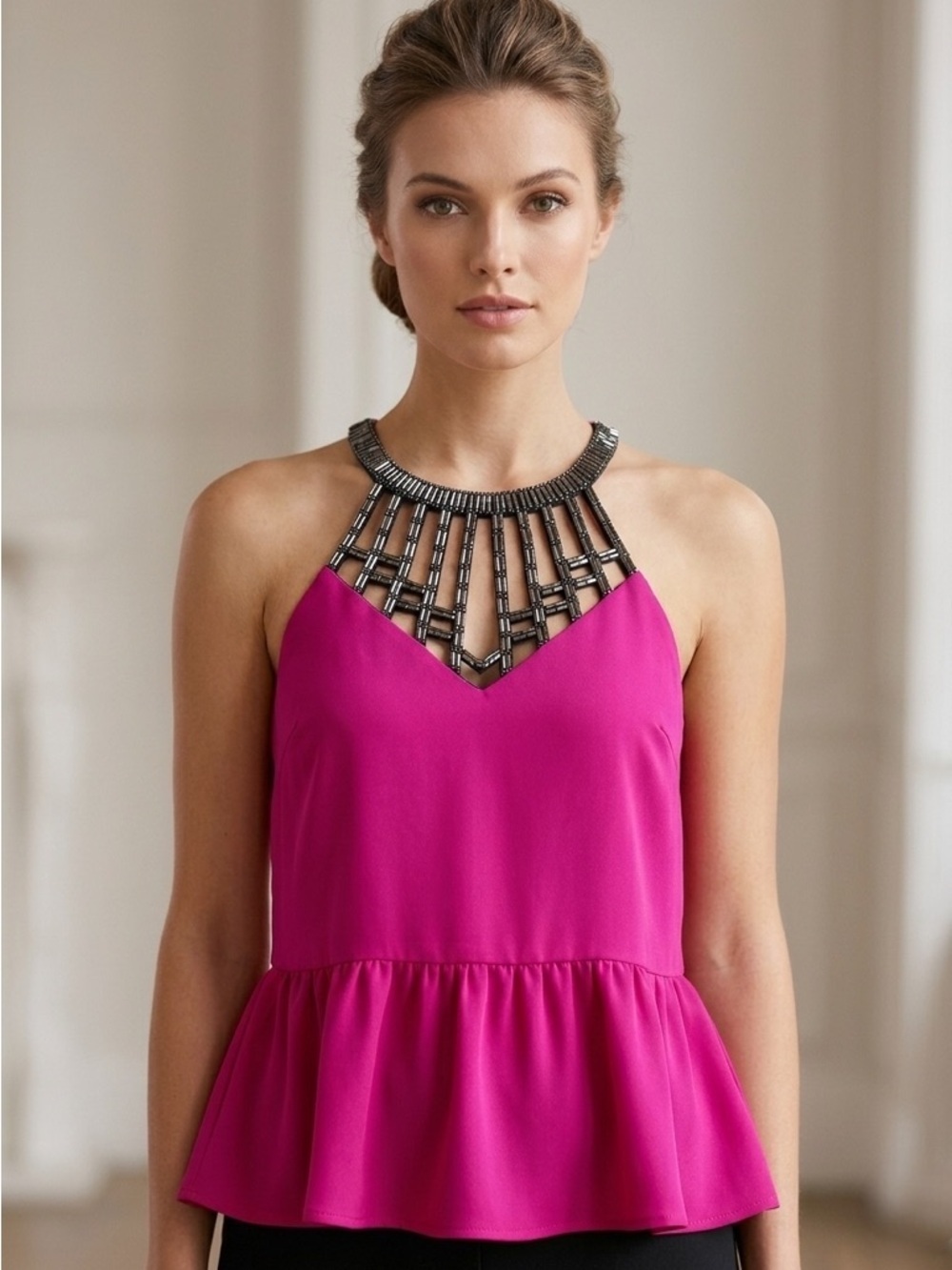 VENUS Hot Pink Embellished Cage Halter Peplum Party Blouse Women’s Size Large